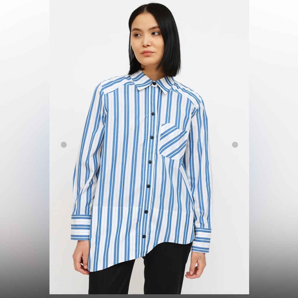 Ganni Blue & White Asymmetrical Button Down